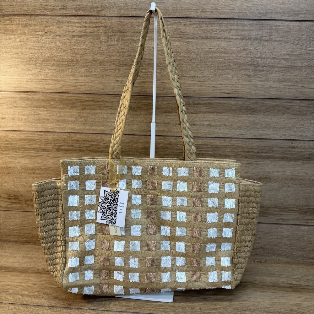 Artisan Handcrafted Woven Tote Bag Sequin Checkered Beach Cotton Raffia NWT